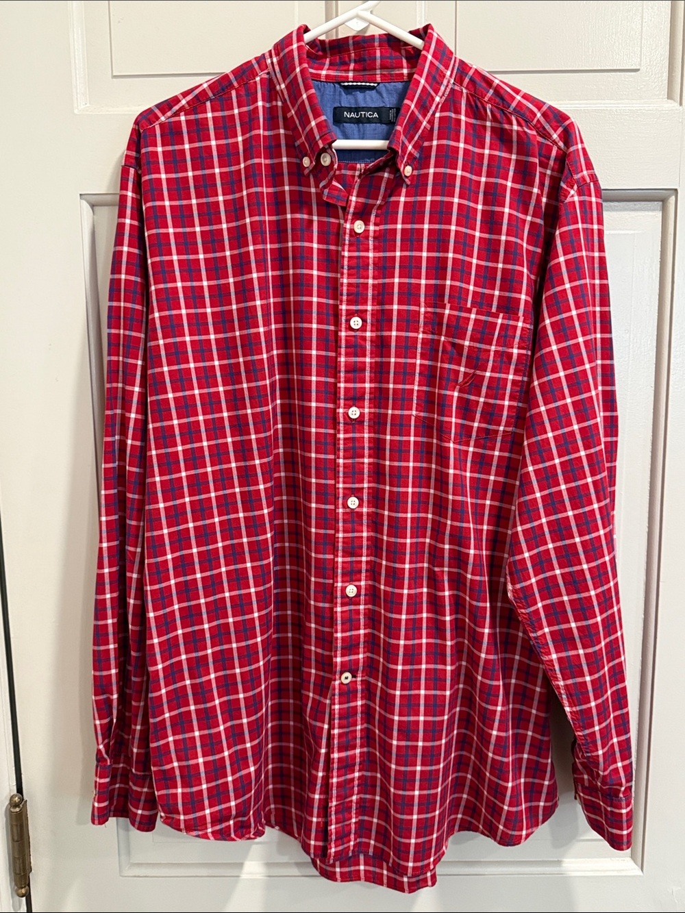 Nautica Men's Long Sleeve Plaid Button Down Shirt Red/White/Blue Size Large